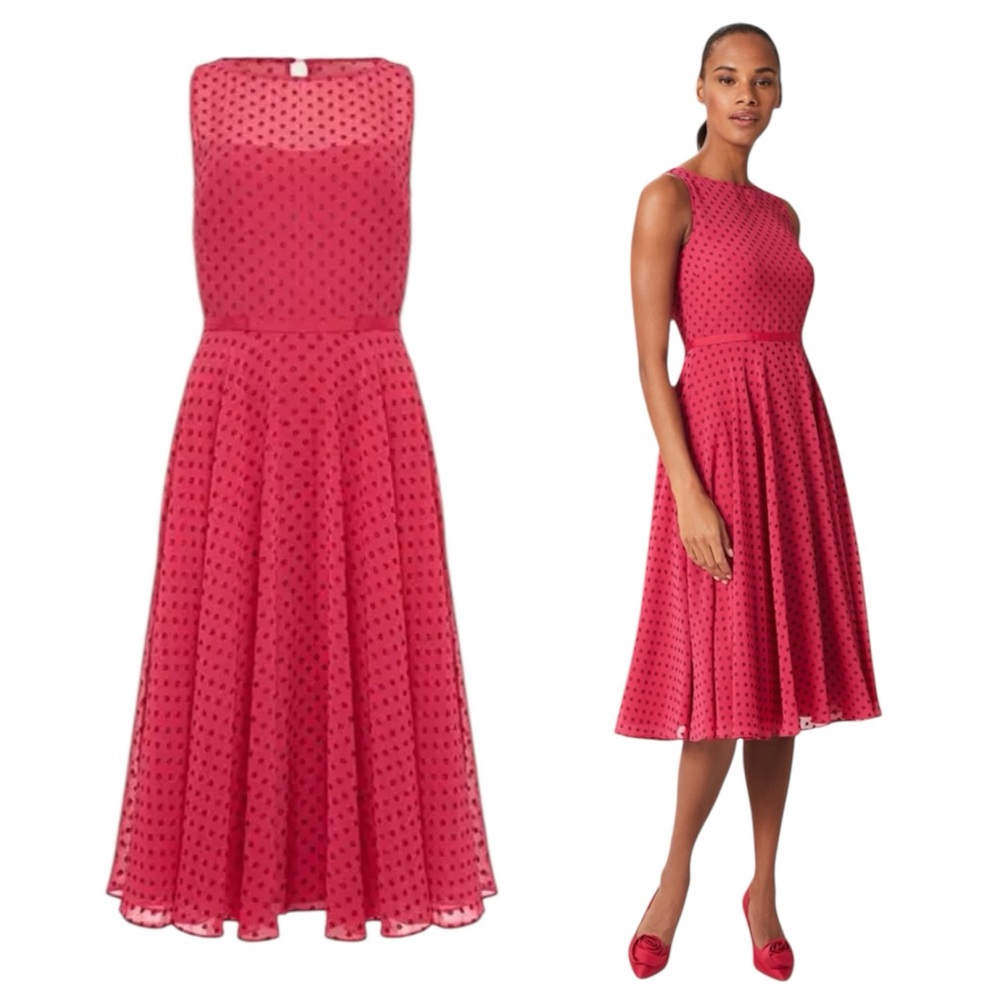 NWT Hobbs London Della Spot Fit Flare Dress in Fuchsia Pink Size 12